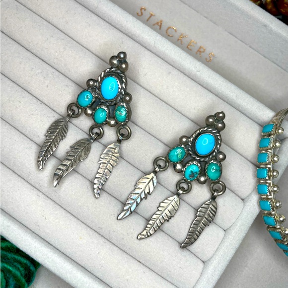 Jewelry - Vintage Native American Turquoise and Sterling Silver Earrings with feathers